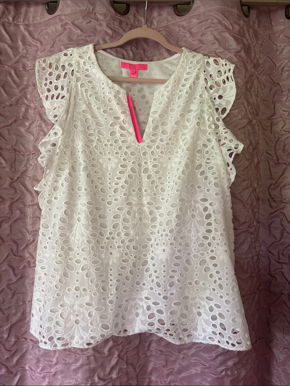 Lilly Pulitzer White Eyelet Ruffle Sleeve V-Notch Top